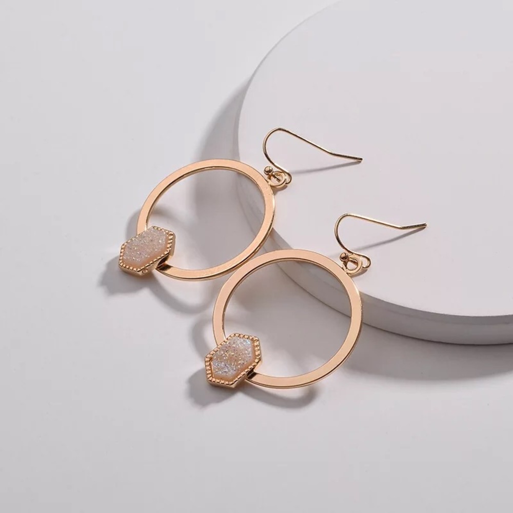 Gold Cream Druzy Stone Earrings
